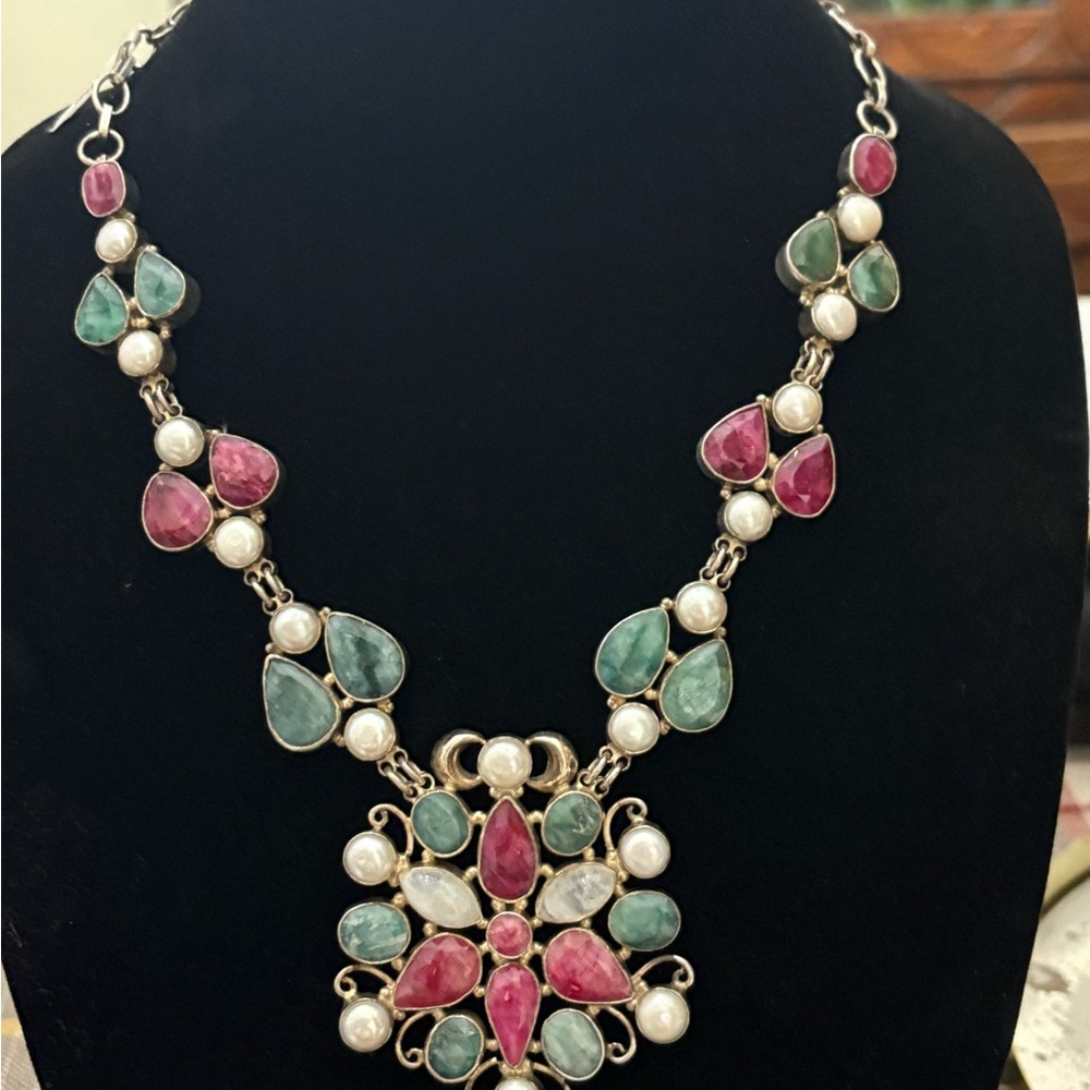 Elegant Silver Necklace with Red and Green Stones